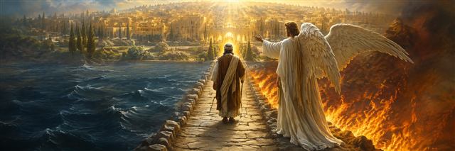 Ezra and Uriel contemplate a narrow path between fire and water leading toward a spacious radiant city